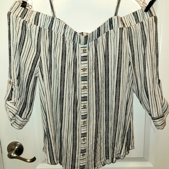 BCX Black and White Striped Off-Shoulder Blouse - Picture 1 of 9